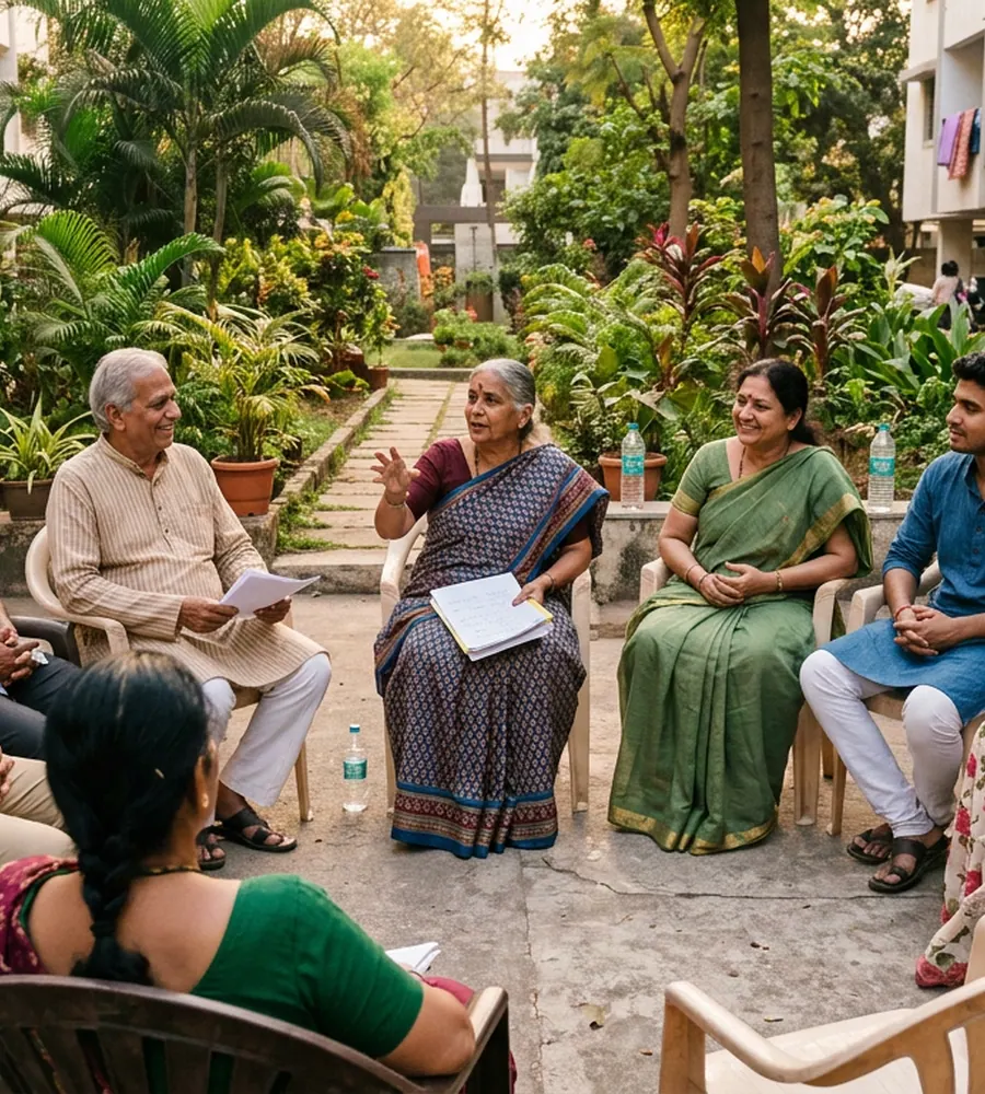 Residents of all ages discussing neighbourhood issues in a society garden