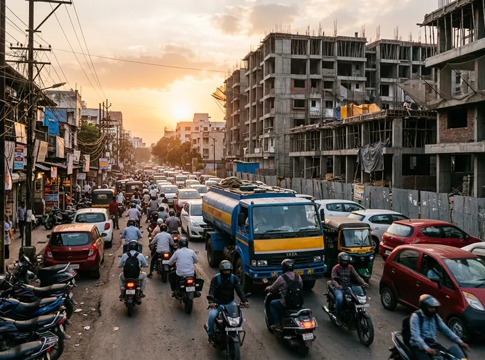 Congested narrow road with two-wheelers, cars and a water tanker beside new construction